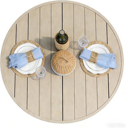All-Weather 47" Round Outdoor Patio Table for 6, Metal Ivory Dining Table with Adjustable Umbrella Hole, Garden, Backyard & Deck Bistro Table