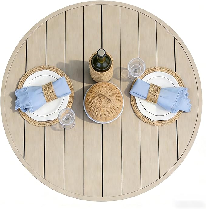 All-Weather 42" Round Outdoor Patio Table for 4, Metal Ivory Dining Table with Adjustable Umbrella Hole, Garden - Photo 6