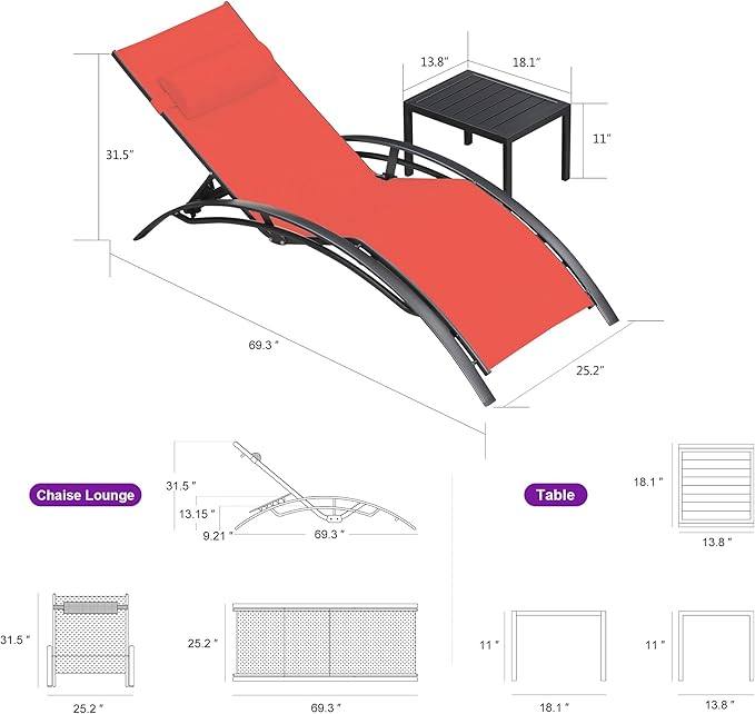 PURPLE LEAF Patio Chaise Lounge Chair Set with 2 Side Table Outdoor Pool Adjustable Recliner Chairs for Outside Beach Poolside Sunbathing Tanning Lounger