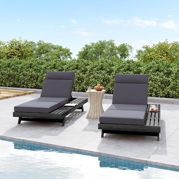 Lounge Chaise Set with Headrest and Side Space for Outdoor Relaxation, Acacia Wood Frame with Water-Resistant Cushions - Photo 6