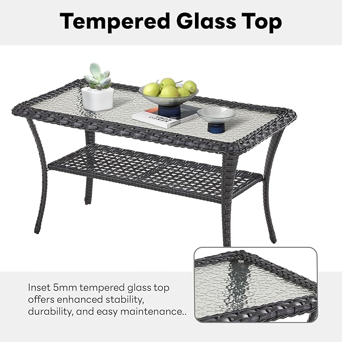 Belord 38 Inch Outdoor Coffee Table with 2 Tier Storage - Wicker Coffee Table with Water Ripple Texture Tempered Glass Top, All Weather Patio Coffee Table for Deck Porch Balcony Garden Black