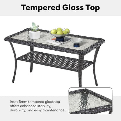Belord 38 Inch Outdoor Coffee Table with 2 Tier Storage - Wicker Coffee Table with Water Ripple Texture Tempered Glass Top, All Weather Patio Coffee Table for Deck Porch Balcony Garden Black