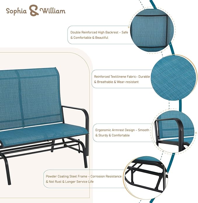 Sophia & William 2-Person Outdoor Glider Bench, Gliding Loveseat, Patio Glider Bench, All-Weather Resistant Textilene Fabric and Powder Coating Metal Frame
