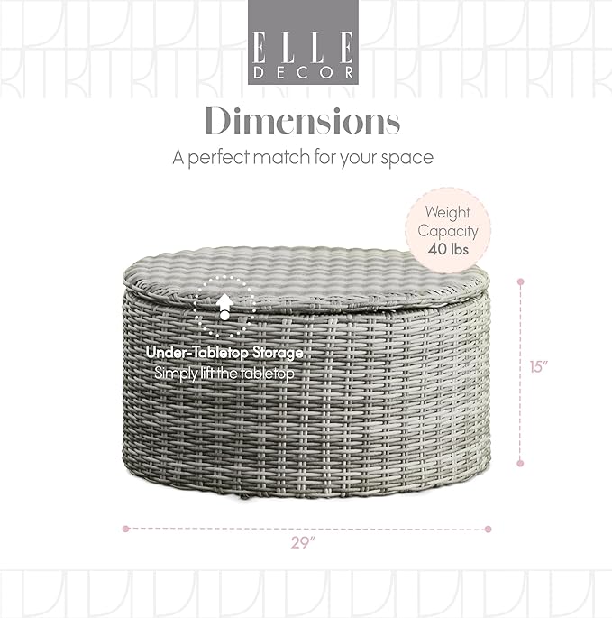 Elle Decor Vallauris Patio Outdoor Furniture Collection, Premium All Weather Wicker, Storage Coffee Table, Gray - Photo 3