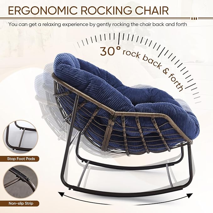 Large Indoor Rocking Chair Set of 2, Oversized Rocking Papasan Chair with Thick Cushion and Frame,Comfy Corduroy Rocker Wicker Egg Chairs Lounge Reading Chair for Living Room, Bedroom, Navy Blue