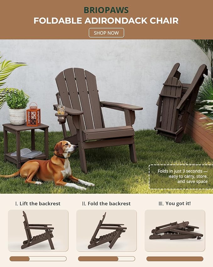 BRIOPAWS Folding-Adirondack-Chair | HDPE | Brown Wood Grain | Fire Pit Chairs | Cup Holder | Weather Resistance | for Outdoor Backyard Deck Patio