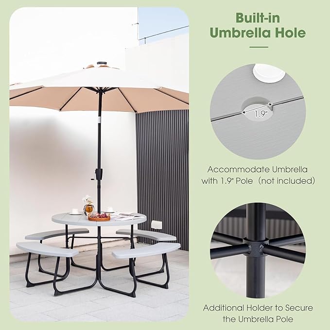 Round Picnic Table for Outdoors, 8 Person Outdoor Picnic Tables & Benches Set with Umbrella Hole - Photo 6