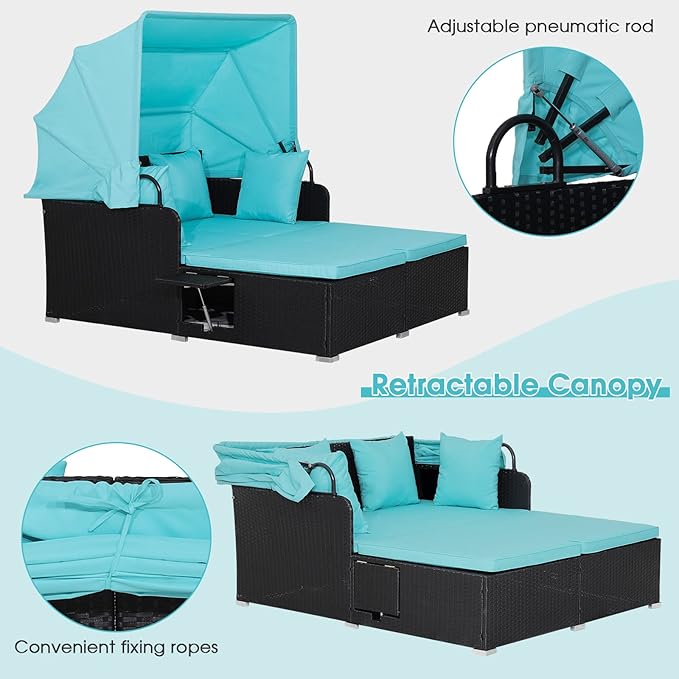 RELAX4LIFE Patio Outdoor Daybed with Canopy, Wicker Sunbed w/Cushions, 4 Pillows & 2 Retractable Side Trays - Photo 4