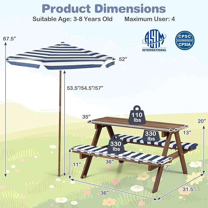 Costzon Kids Picnic Table, Wooden Toddler Outdoor Table & Bench Set with Removable Umbrella & Cushions, Stripe Fabric, Kids Outdoor Furniture for Patio Backyard Garden, Fits 4 Children Age 3+ (Navy)