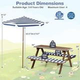 Costzon Kids Picnic Table, Wooden Toddler Outdoor Table & Bench Set with Removable Umbrella & Cushions, Stripe Fabric - Photo 6