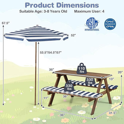 Costzon Kids Picnic Table, Wooden Toddler Outdoor Table & Bench Set with Removable Umbrella & Cushions, Stripe Fabric, Kids Outdoor Furniture for Patio Backyard Garden, Fits 4 Children Age 3+ (Navy)