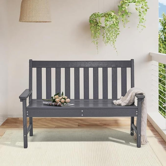 COBANA Outdoor Garden Bench, All Weather HDPE Patio Porch Bench with Faux Wood Grain Pattern, 2-Person Seat for Lawn, Park, Backyard, Entryway, Dark Gray