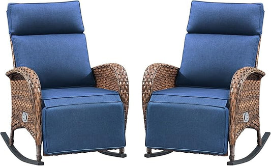 Belord Zero Gravity Swivel Rocking Recliner Chair - Wicker Outdoor Rocking Chairs Set of 2 with Adjustable Backrest & Footrest, Reclining Lounge Chair with Thick Cushion for Pool Deck Garden Blue