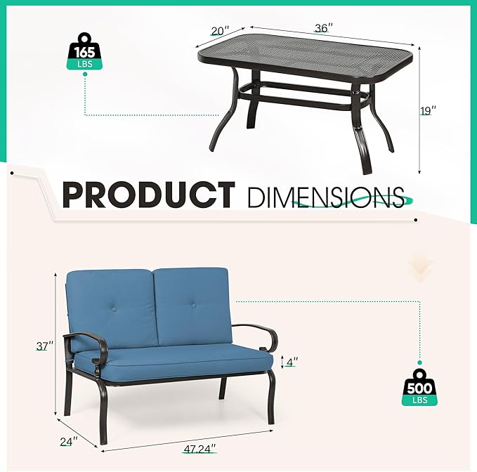 Incbruce Patio Loveseat with Coffee Table - Outdoor Bench with Cushion,2 Piece Wrought Iron Outdoor Loveseat Metal Frame Porch Furniture Set Bench for Patio, Poolside, Garden (Peacock Blue)
