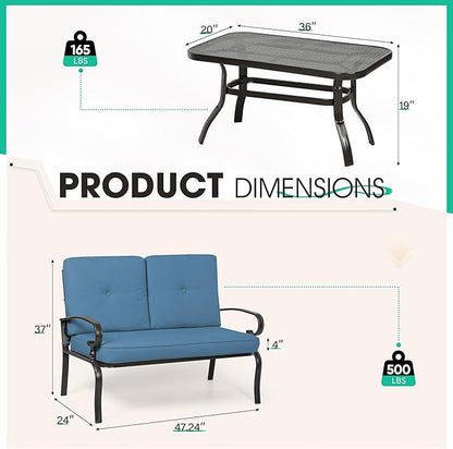 Incbruce Patio Loveseat with Coffee Table - Outdoor Bench with Cushion,2 Piece Wrought Iron Outdoor Loveseat Metal Frame Porch Furniture Set Bench for Patio, Poolside, Garden (Peacock Blue)