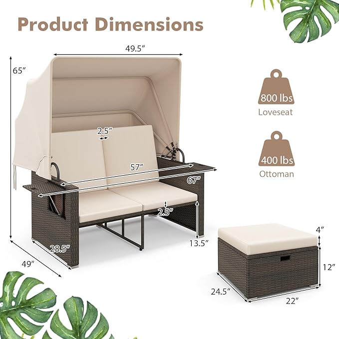 RELAX4LIFE Wicker Outdoor Daybed with Canopy - Rattan Loveseat Sofa Set w/Storage Ottomans, Adjustable Back - Photo 3