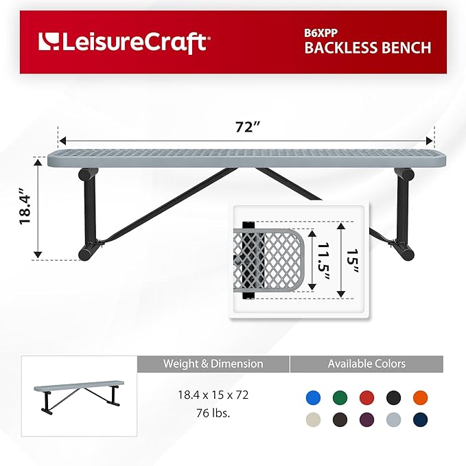 Leisure Craft Metal Outdoor Bench - 6 Foot Heavy Duty Backless Bench Seating for Garden, Porch, Picnic, Park, Expanded Metal, Thermoplastic Coating, Commercial Grade Furniture Made in USA - Gray