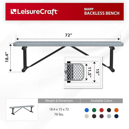 Leisure Craft Metal Outdoor Bench - 6 Foot Heavy Duty Backless Bench Seating for Garden, Porch, Picnic, Park, Expanded Metal, Thermoplastic Coating, Commercial Grade Furniture Made in USA - Gray