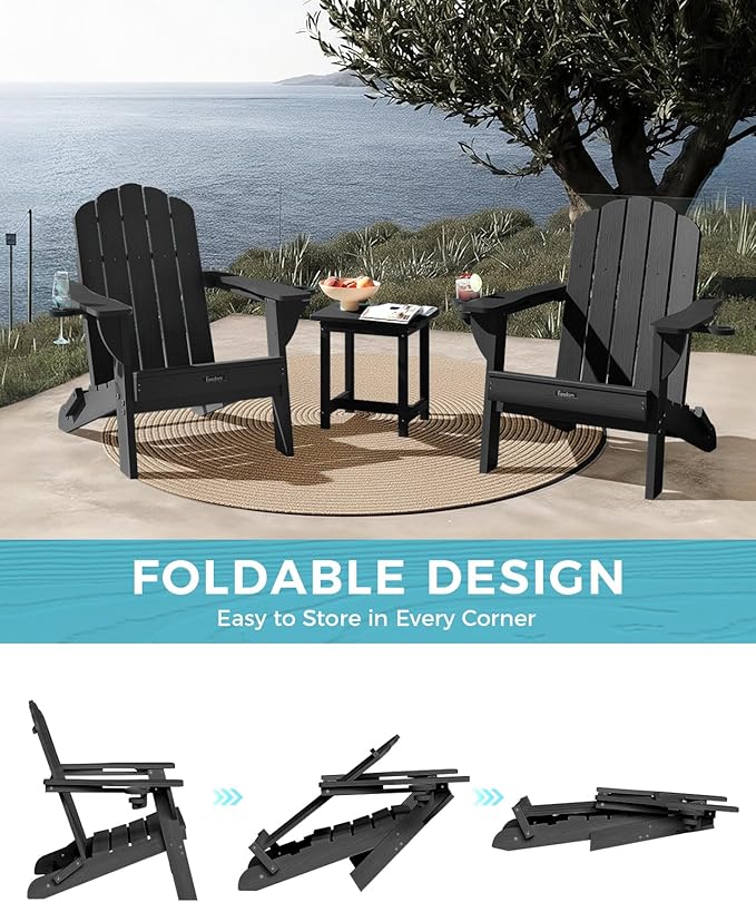 Adirondack Chairs Set of 4, Foldable Adirondack Chairs with 2 Cup Holder, Wood Texture HDPE Fire Pit Chairs - Photo 8