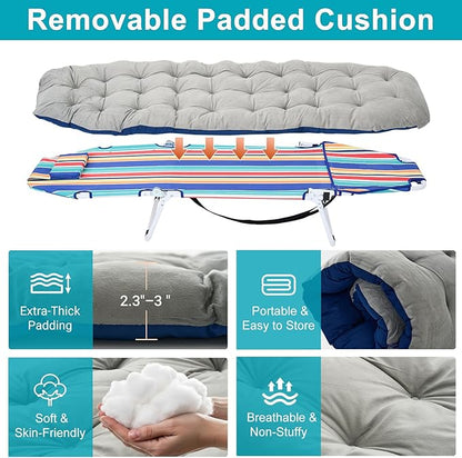 ABORON 2-in-1 Tanning Chair with Face Hole, Folding Camping Cot for Adults, 5-Position Adjustable Lounge Chair with Pillow, Heavy Duty 600D Oxford Portable Cot for Beach, Patio, Poolside