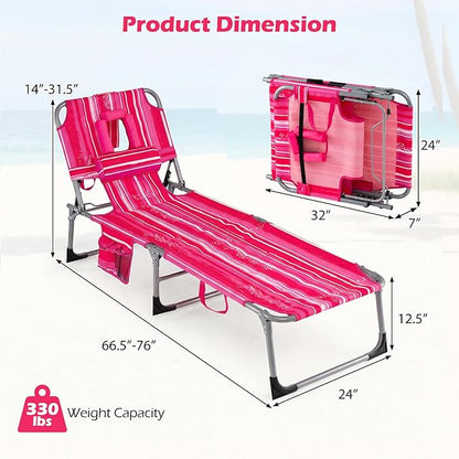 GYMAX Tanning Chair with Face Hole, Sun Bathing Lounge Chairs for Outside with Side Pocket, Folding Portable Face Down Layout Tanning Chair Beach, Backyard, Poolside, Lawn (Pink Stripe,2)