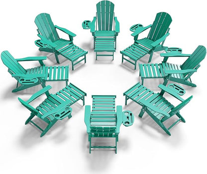 Adjustable Adirondack Chair with Retractable Ottoman Set of 8, HDPE Folding Adirondack Chair with Cup Holder, All Weather Fire Pit Chair for Outdoor.