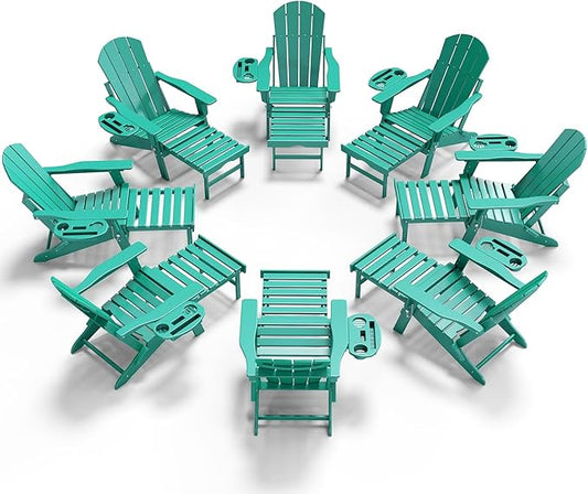 Adjustable Adirondack Chair with Retractable Ottoman Set of 8, HDPE Folding Adirondack Chair with Cup Holder, All Weather Fire Pit Chair for Outdoor.