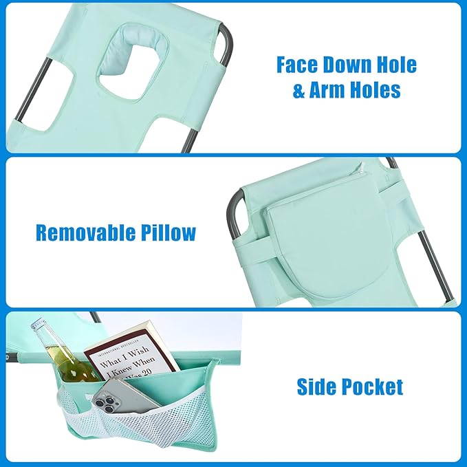 SunnyFeel Lounge Beach Chair for Adults with Face Hole, Backpack Reclining Beach Chairs Lay Flat, Sun Face Down Tanning Chair, Portable Folding Camping Cot for Outside Pool, Sunbathing, Reading
