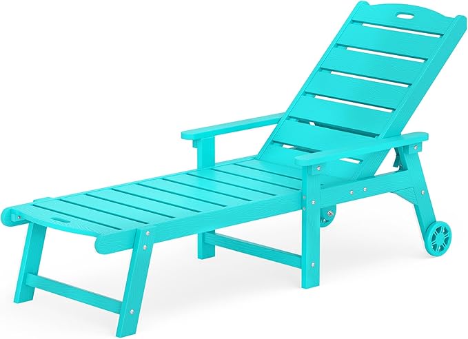 LUE BONA Outdoor Chaise Lounge, HDPS Chaise Lounger, 5 Positions Adjustable Lounge Chairs, Pool Lounge Chair with Wheels for Poolside, Backyard, Aruba Blue