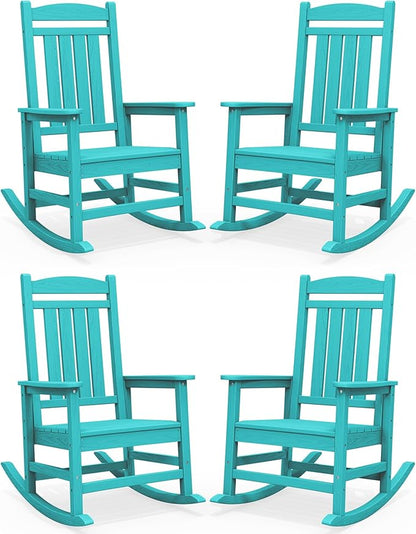 SERWALL HDPE Outdoor Rocking Chair Set of 4, Patio Rocking Chairs, All-Weather Porch Rockers for Adults, Aruba Blue