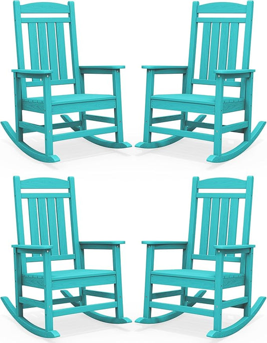 SERWALL HDPE Outdoor Rocking Chair Set of 4, Patio Rocking Chairs, All-Weather Porch Rockers for Adults, Aruba Blue