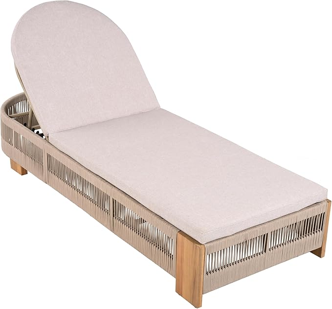 Christopher Knight Home Daskz Outdoor Chaise Lounge Chair Set of 4, Patio Outdoor Acacia Wood Chaise Lounge, Adjustable Backrest Poolside Beach Yard Recliner Chair, Rope Design, 79.5'', Teak+Beige