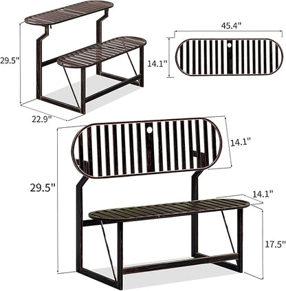 Convertible Bench, 2 in 1 Carbon Steel Picnic Table, Transforming Interchangeable Outdoor Table with Umbrella Hole, for Outside Patio Porch Backyard Park Garden 2 Pack Retro Brown Bench