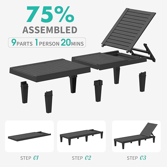Outdoor Chaise Lounge Chairs Set of 4, 5-Position Adjustable Tanning Lounge Chairs with Wood Texture, All-Weather Resin Patio Lounge Chair for Pool, Garden, Deck, Beach, Striped Black