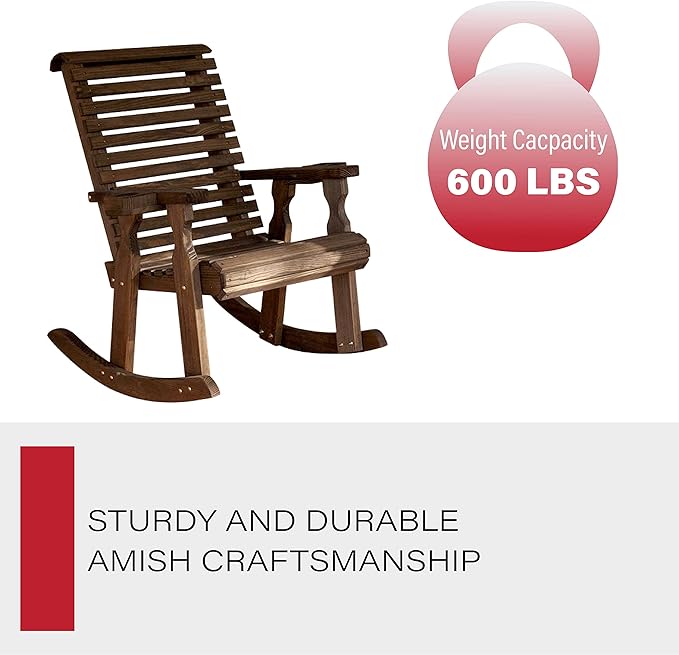 Amish Heavy Duty 600 Lb Roll Back Pressure Treated Rocking Chair with Cupholders (Dark Walnut Stain)