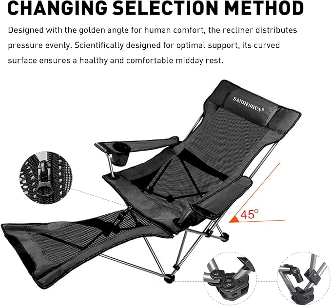 Zero Gravity Chair, Reclining Camping Chair with Padded Pillow, Cup Holder, Storage Pocket & Carry Bag, 4-in-1 Portable Camping Recliner for Outdoor, Beach, Garden, and Backyard - Black Mesh