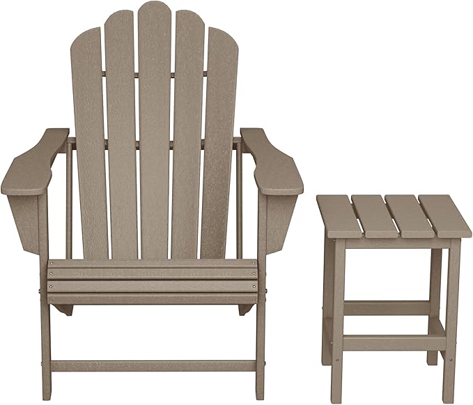 Costaelm Lakeview Outdoor Patio HDPE Adirondack Chair with Cup Holder and Table Set, Weathered Wood