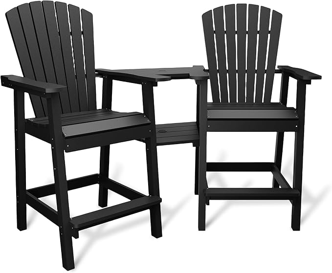 GarveeLife Outdoor Bar Height Adirondack Chairs with Connecting Tray, Balcony Chairs Recycled Poly Adirondack for Deck, Backyard, Outdoor Tall Adirondack Chairs Weather Resistant Set of 2