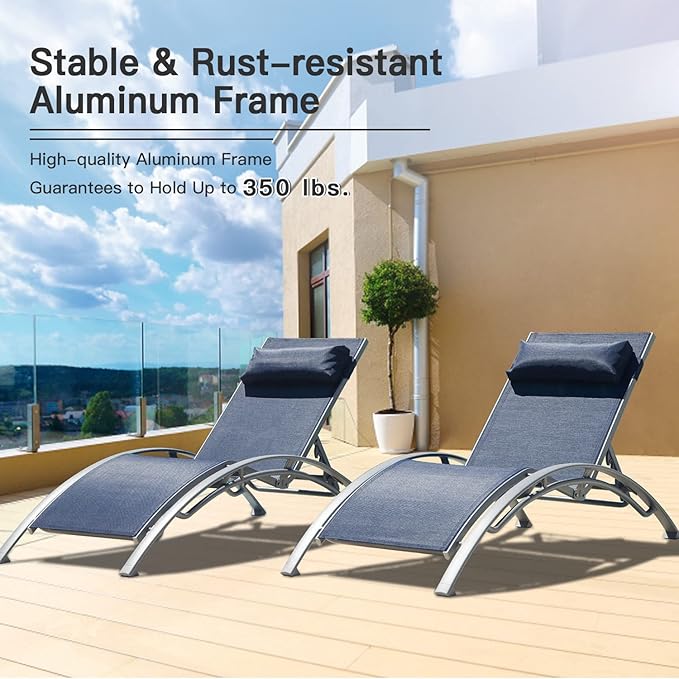 domi outdoor living Domi Lounge Chair Set of 2, Aluminum Lounge Chairs for Outside with 5 Adjustable Positions, Chaise Lounge Outdoor for Pool, Garden, Beach, Camping, Backyard (Blue) (LLFT0586-B)