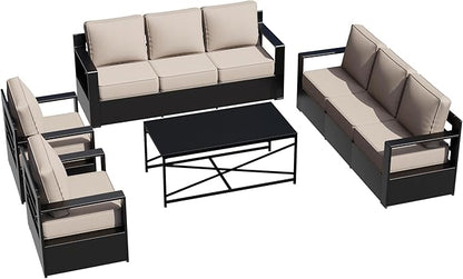 Outdoor Aluminum Furniture Set, 4-Piece Patio Conversation Set, 2 Chairs, 2 Sofa and 1 Table, All-Weather Metal Frame, 6" Thick Removable Cushions, Deep Setting for Garden, Poolside and Porch