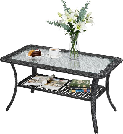 VINGLI Outdoor Coffee Table with Storage Wicker Patio Coffee Table, Tempered Glass Top Coffee Table for Patio Outside Balcony Porch Deck (Black)