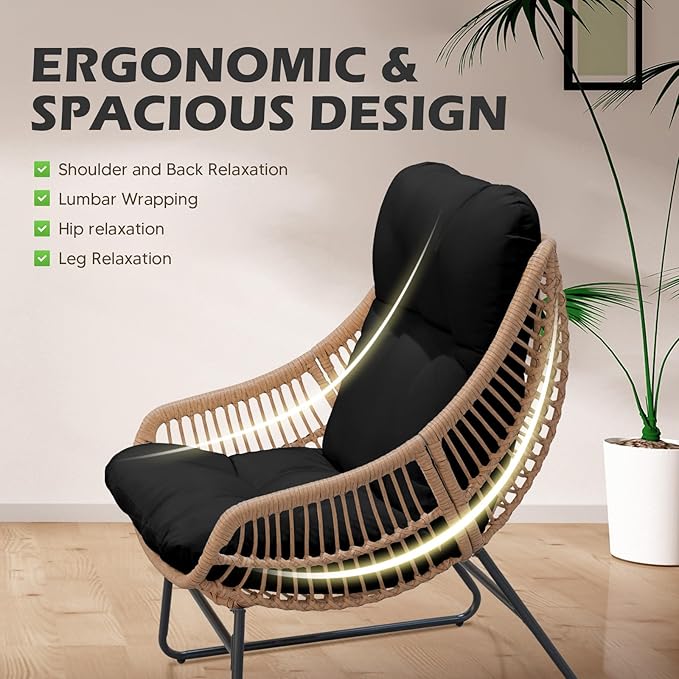 Outdoor Wicker Papasan Egg Chair with Ottoman, Patio Basket Lounge Chair Indoor Egg-Shaped Rattan Reading Lounger with Thick Cushion and Table for Living Room Bedroom Balcony Porch, Black
