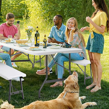 SUPER DEAL 6 FT Plastic Folding Bench, Portable Outdoor Bench with Handle & Non-Slip Mat, Waterproof Dining Seat for Picnic Party Garden Camping Soccer Field, 1 Pack, White