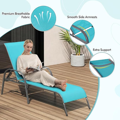 Tangkula Outdoor Lounge Chairs Set of 2, Patio Chaise Lounge with Adjustable Backrest, Reclining Pool Lounge Chairs for Outside with Heavy Duty Steel Frame for Beach, Yard, Balcony, Poolside