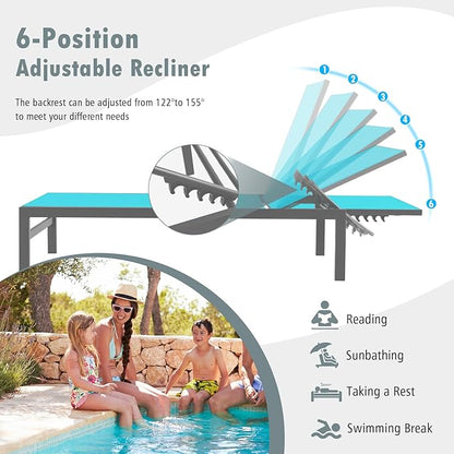 Giantex Patio Chaise Lounge Chair, Outdoor Sunbathing Chair Lawn Reclining Lounger with 6 Adjustable Position, Aluminium Frame, Outside Tanning Chairs for Deck,Yard, Pool Lounge Chairs (2, Turquoise)