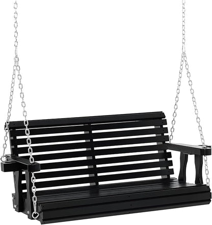 Outsunny Porch Swing with Chains and Cupholders, 2 Person Wooden Patio Swing Chair, 440 lbs. Weight Capacity, for Garden, Poolside, Backyard, Black