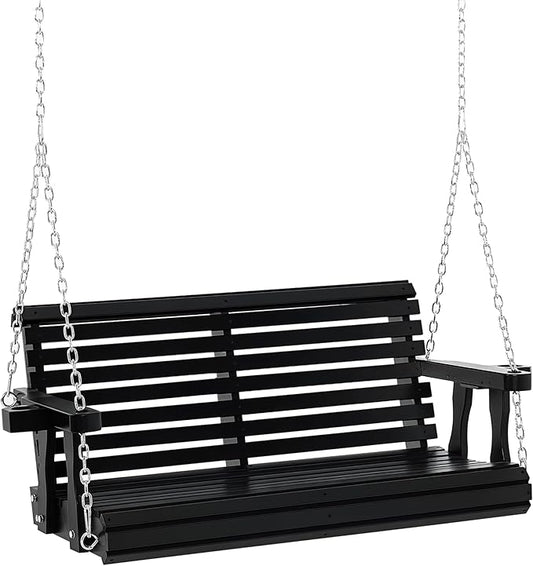 Outsunny Porch Swing with Chains and Cupholders, 2 Person Wooden Patio Swing Chair, 440 lbs. Weight Capacity, for Garden, Poolside, Backyard, Black