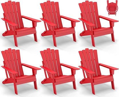 GREENVINES Folding-Adirondack-Chairs-Set-of-6 | HDPE Plastic | Throne Series | Fire Pit Chair | All Weather | for Outdoor Patio Deck Backyard Poolside | Red