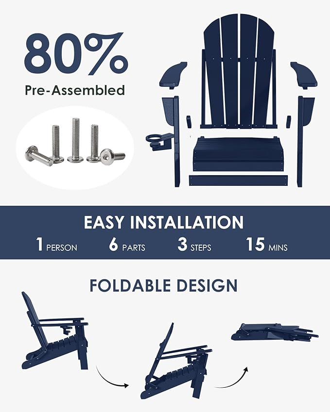 Folding Adirondack Chairs Set of 6, All-Weather Resistant HDPE Patio Firepit Chairs, Sturdy Outside Chairs with Cup Holder, Lawn Chairs, 80% Pre-Installed Load Capacity 385lb, Navy Blue