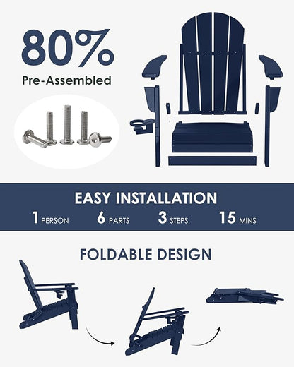Folding Adirondack Chairs Set of 6, All-Weather Resistant HDPE Patio Firepit Chairs, Sturdy Outside Chairs with Cup Holder, Lawn Chairs, 80% Pre-Installed Load Capacity 385lb, Navy Blue
